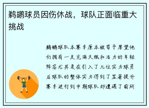鹈鹕球员因伤休战，球队正面临重大挑战